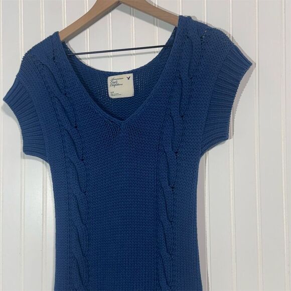 American Eagle Cable Knit Sweater Vest Top S Blue Cotton Short Sleeve Y2K 2009 - Picture 2 of 9